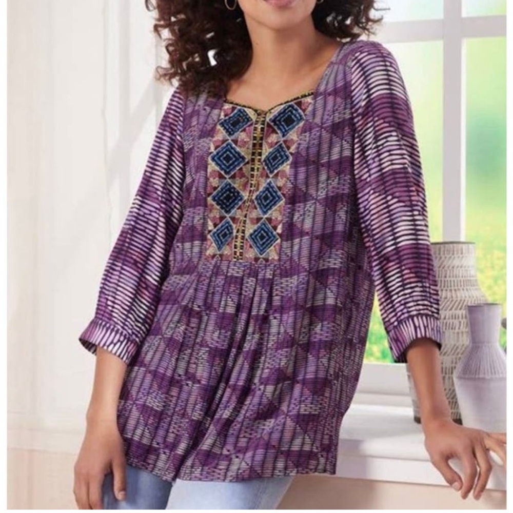 Soft Surroundings Elara Tunic Top Sunset Purple Embroidered Boho Western Aztec